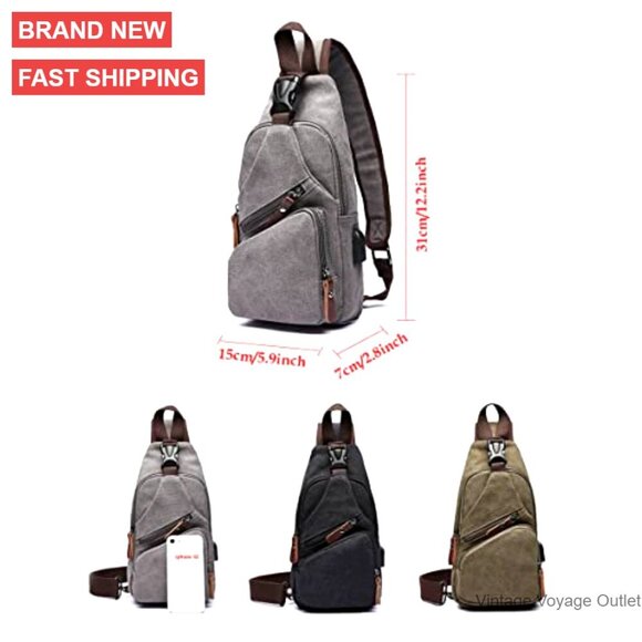 Canvas Sling Backpack Daypack with USB Port for Hiking Travel Unisex